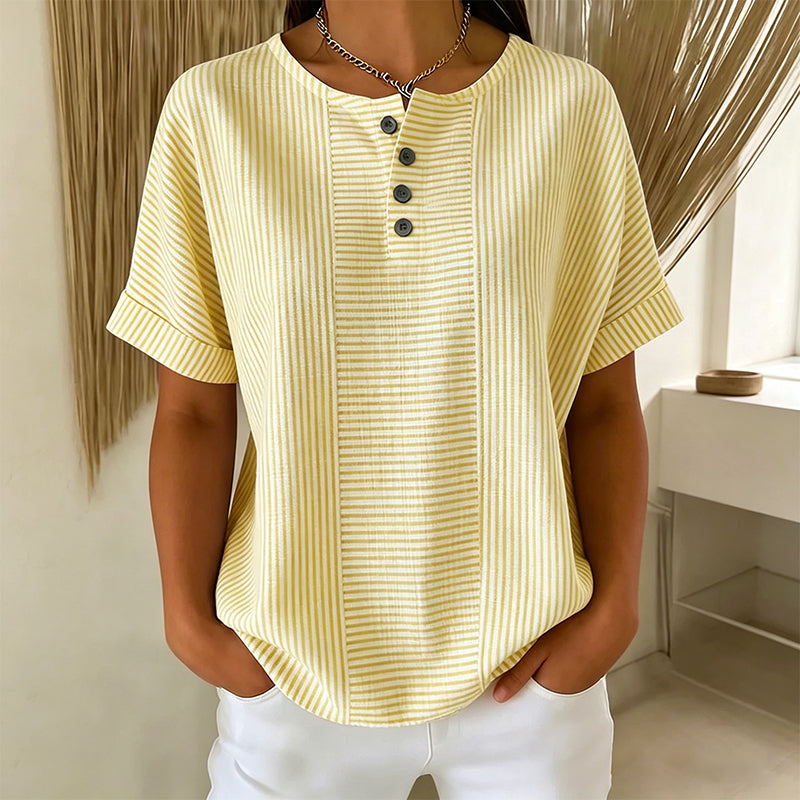 👔✨ 50% RABATT! Damen gestreiftes Henley-Shirt – Bügelfrei, bequem & hautfreundlich – Lässiger Chic für Freizeit, Büro & Urlaub 🌿