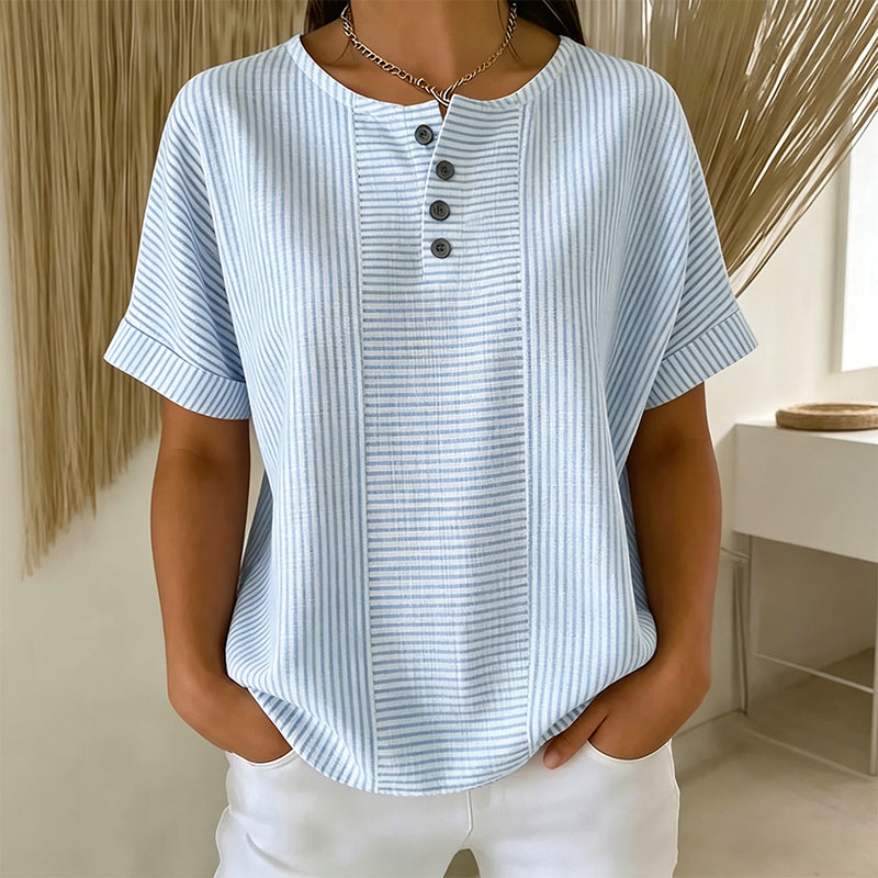 👔✨ 50% RABATT! Damen gestreiftes Henley-Shirt – Bügelfrei, bequem & hautfreundlich – Lässiger Chic für Freizeit, Büro & Urlaub 🌿