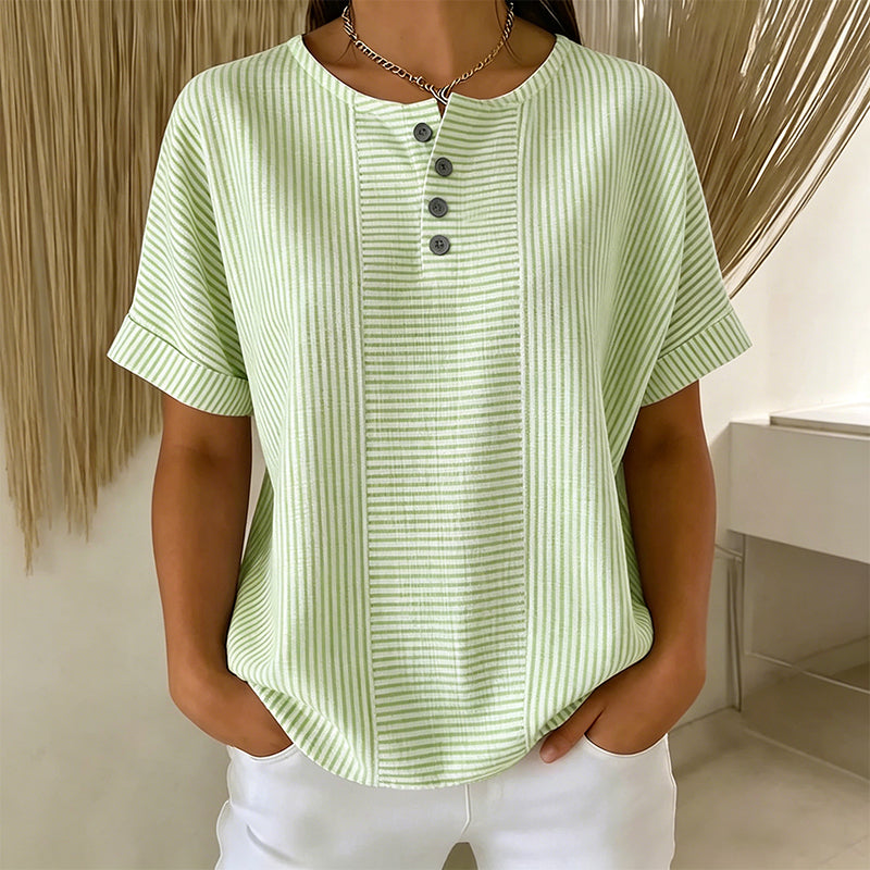 👔✨ 50% RABATT! Damen gestreiftes Henley-Shirt – Bügelfrei, bequem & hautfreundlich – Lässiger Chic für Freizeit, Büro & Urlaub 🌿