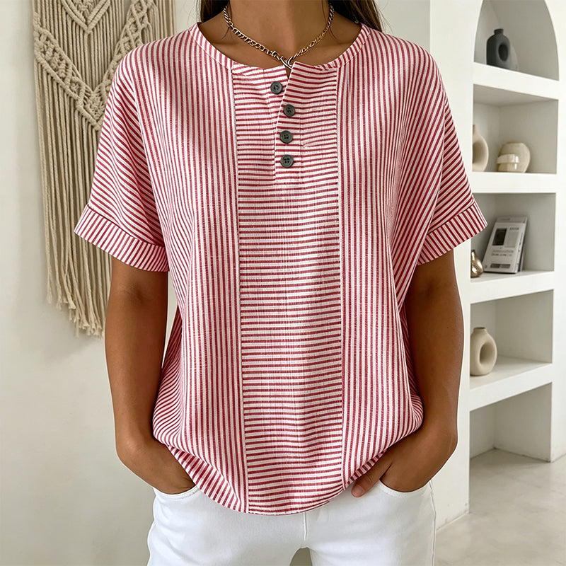 👔✨ 50% RABATT! Damen gestreiftes Henley-Shirt – Bügelfrei, bequem & hautfreundlich – Lässiger Chic für Freizeit, Büro & Urlaub 🌿