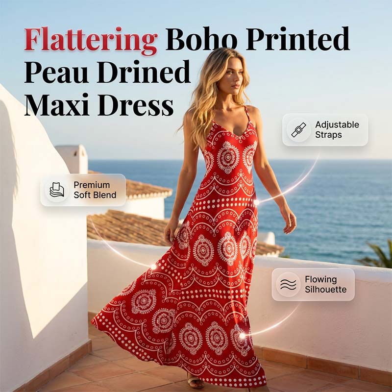 👗 50% RABATT! 🌸 Damen Boho Print Maxikleid – Mit verstellbaren Trägern, leicht & fließend – Perfekt für den Urlaub, Strand oder heiße Sommertage ☀️