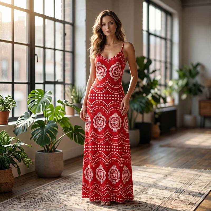 👗 50% RABATT! 🌸 Damen Boho Print Maxikleid – Mit verstellbaren Trägern, leicht & fließend – Perfekt für den Urlaub, Strand oder heiße Sommertage ☀️