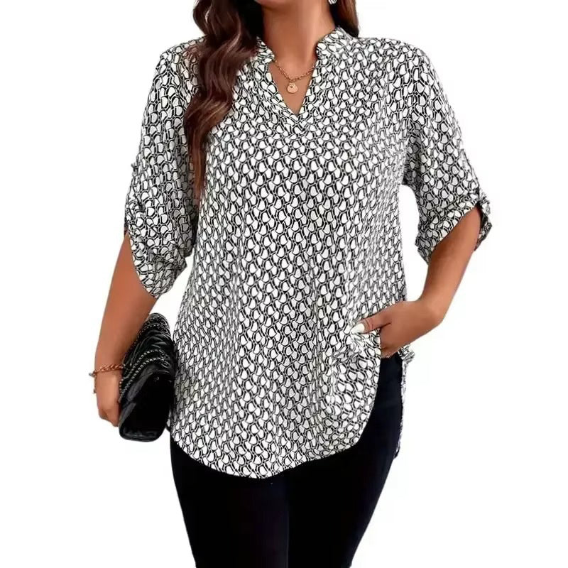 Gluschwein - 👚 50% RABATT! 🌞 NEU: Sommerkollektion – Damen Bluse mit geometrischem Print & V-Ausschnitt – lockere Passform, leicht & vielseitig – perfekt für warme Tage und kreative Looks ✨