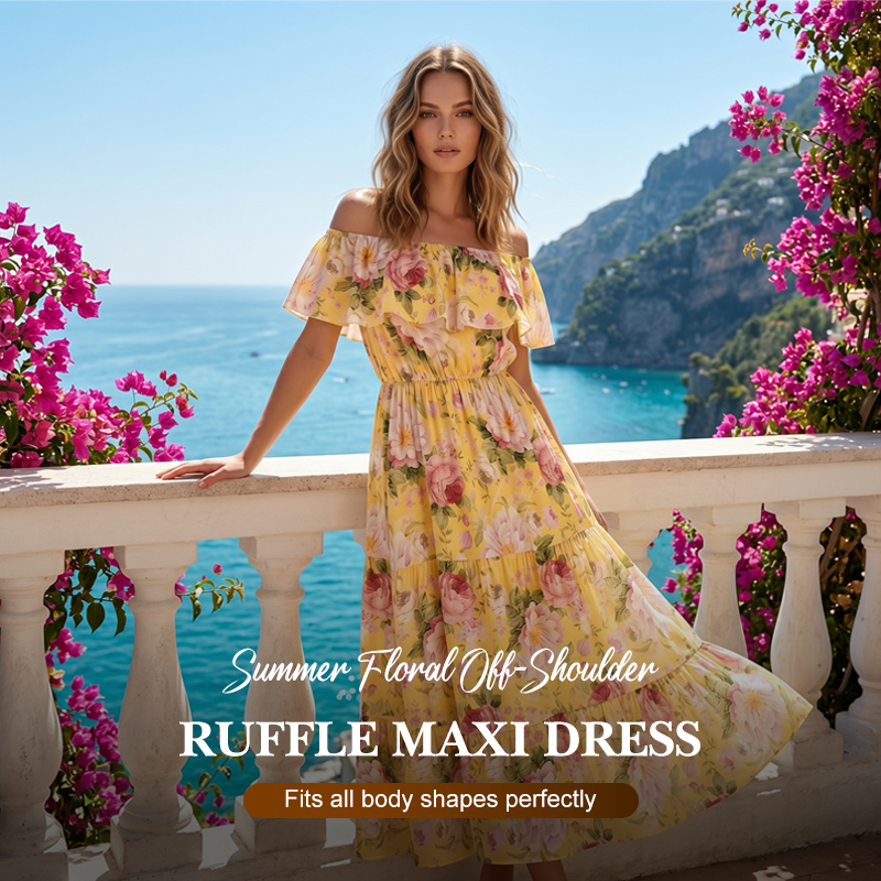 Sommerliches Maxikleid mit Blumenmuster, schulterfrei und mit Rüschen