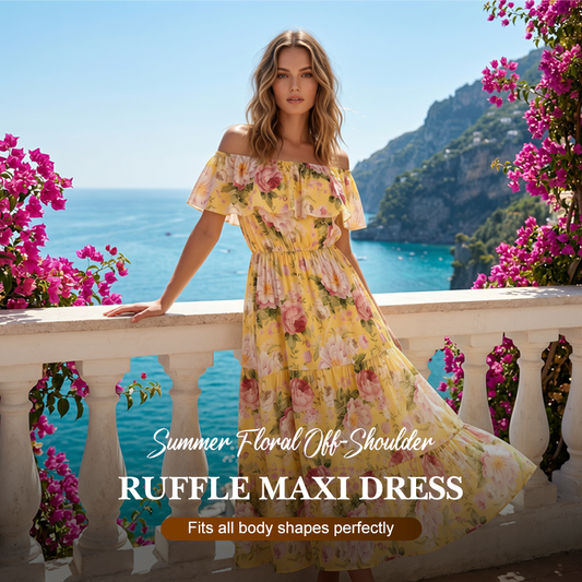 Gluschwein - Sommerliches Maxikleid mit Blumenmuster, schulterfrei und mit Rüschen