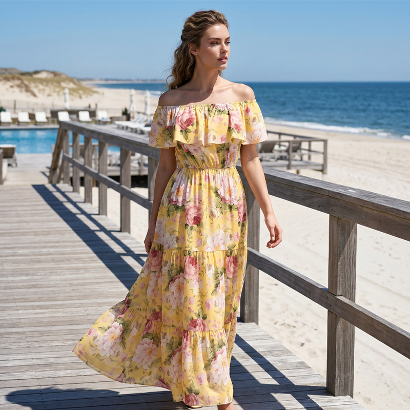 Sommerliches Maxikleid mit Blumenmuster, schulterfrei und mit Rüschen