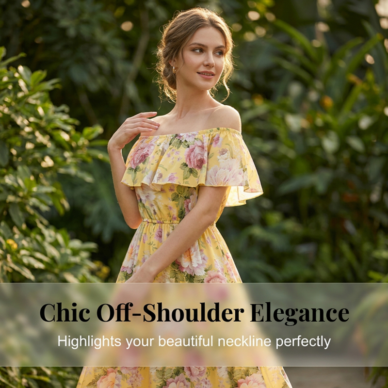 Sommerliches Maxikleid mit Blumenmuster, schulterfrei und mit Rüschen