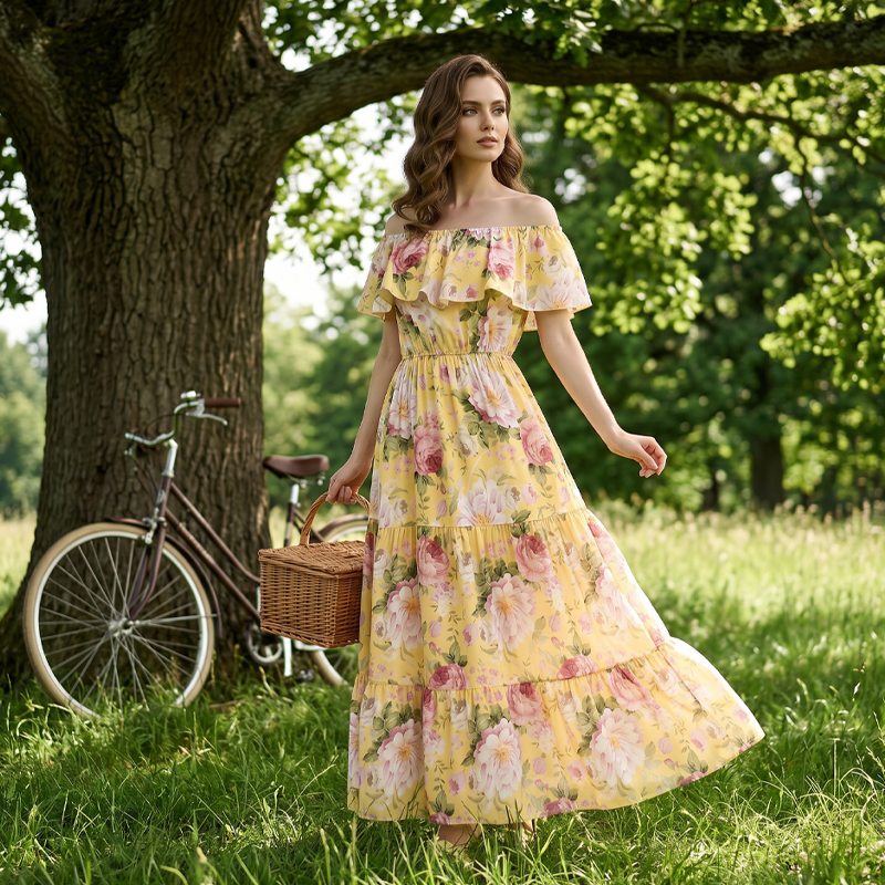 Sommerliches Maxikleid mit Blumenmuster, schulterfrei und mit Rüschen