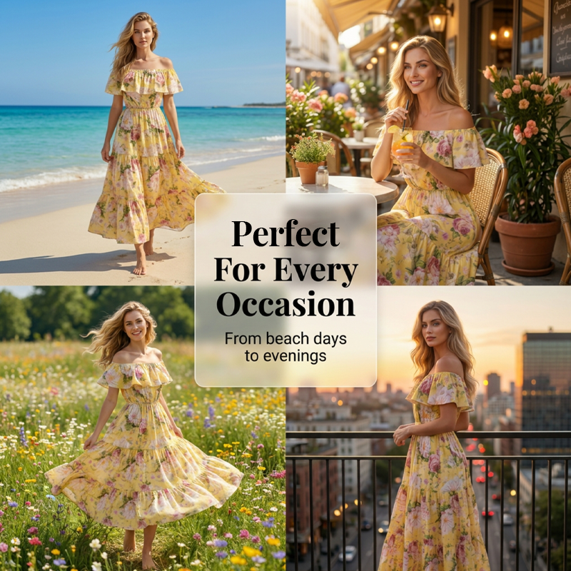 Sommerliches Maxikleid mit Blumenmuster, schulterfrei und mit Rüschen