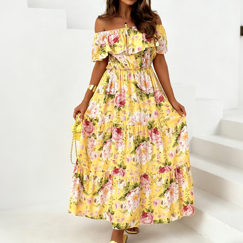 Sommerliches Maxikleid mit Blumenmuster, schulterfrei und mit Rüschen