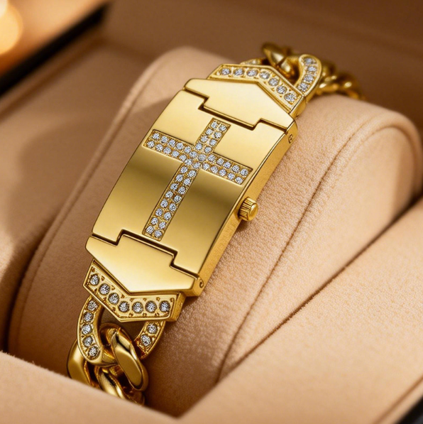 🎁2026 Neuheiten 50 % Rabatt💥Funkelnde Kristall-Kreuz-Uhr – geometrisches rechteckiges Zifferblatt, hochwertiges Metallarmband💎