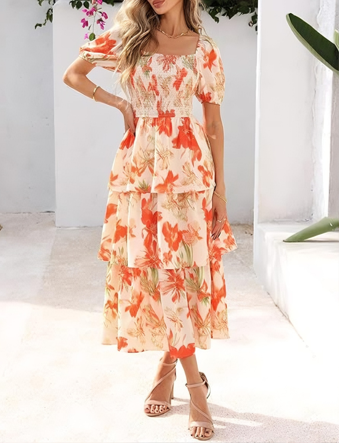 Gluschwein - 🔥Letzter Tag des Schlussverkaufs – 50 % Rabatt🔥Damen-Maxikleid aus Chiffon mit Blumenmuster und Stufenschnitt – kurze Ärmel, quadratischer Ausschnitt