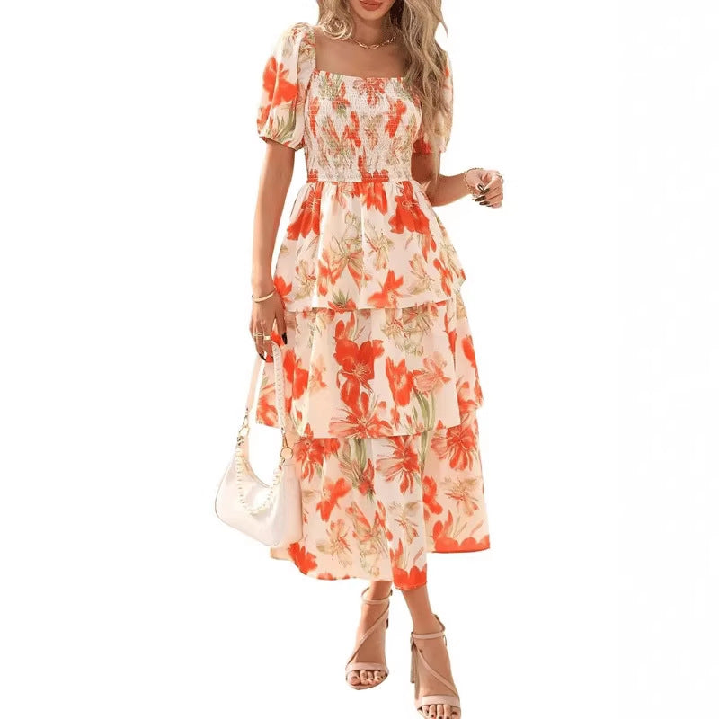 Gluschwein - 🔥Letzter Tag des Schlussverkaufs – 50 % Rabatt🔥Damen-Maxikleid aus Chiffon mit Blumenmuster und Stufenschnitt – kurze Ärmel, quadratischer Ausschnitt