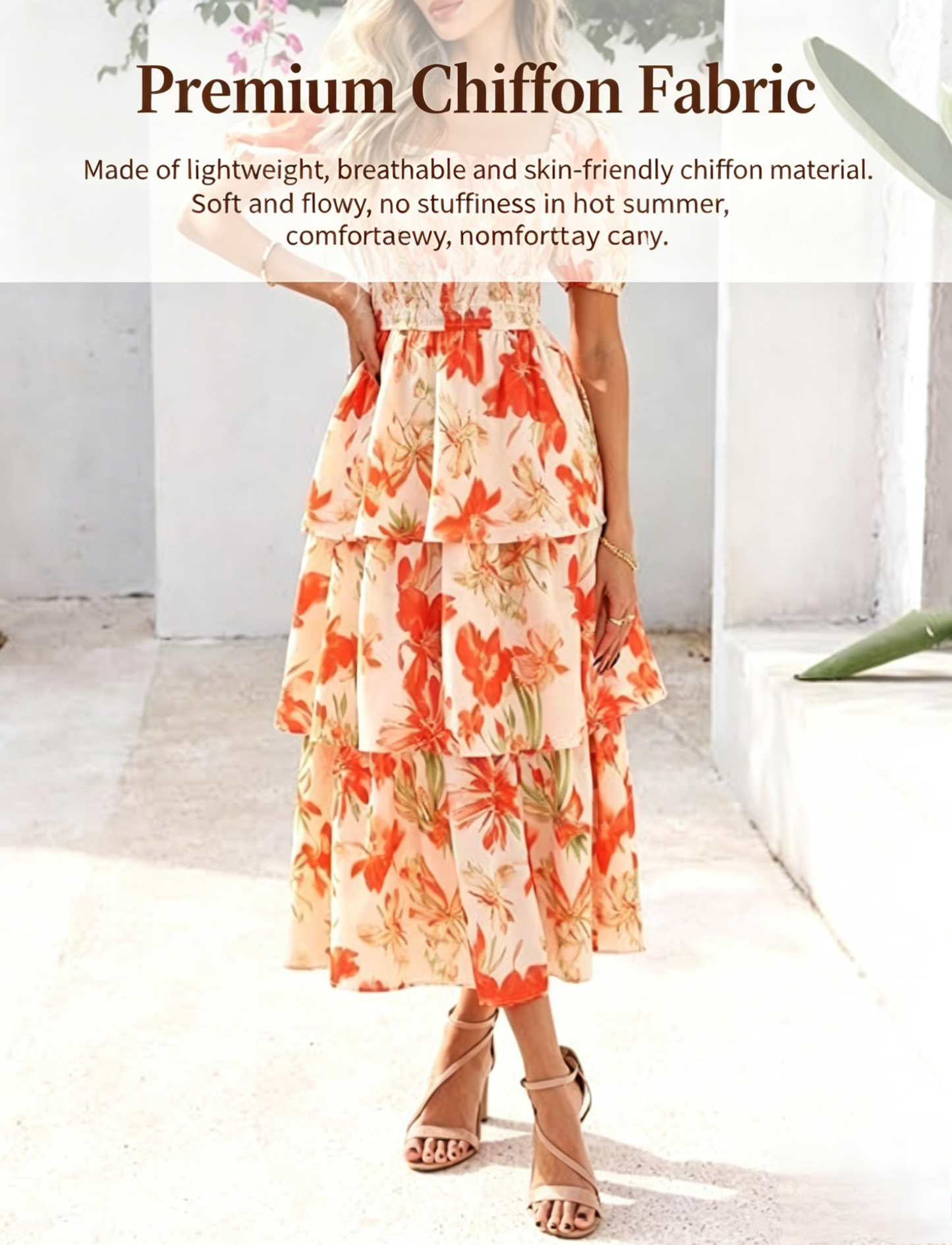 Gluschwein - 🔥Letzter Tag des Schlussverkaufs – 50 % Rabatt🔥Damen-Maxikleid aus Chiffon mit Blumenmuster und Stufenschnitt – kurze Ärmel, quadratischer Ausschnitt