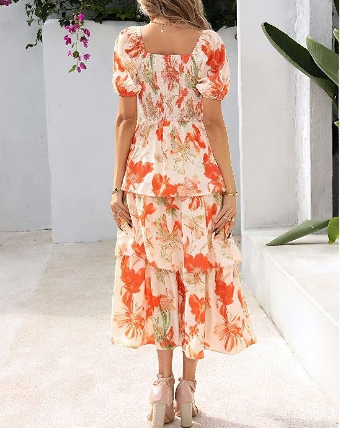 Gluschwein - 🔥Letzter Tag des Schlussverkaufs – 50 % Rabatt🔥Damen-Maxikleid aus Chiffon mit Blumenmuster und Stufenschnitt – kurze Ärmel, quadratischer Ausschnitt