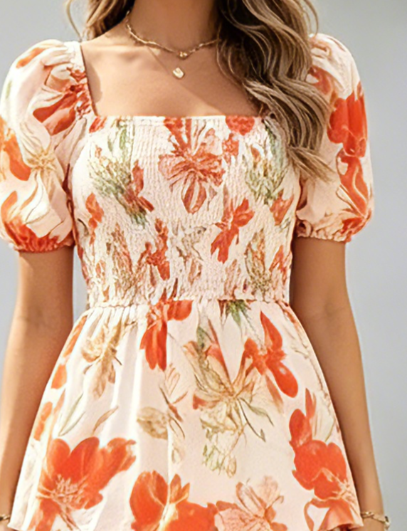 Gluschwein - 🔥Letzter Tag des Schlussverkaufs – 50 % Rabatt🔥Damen-Maxikleid aus Chiffon mit Blumenmuster und Stufenschnitt – kurze Ärmel, quadratischer Ausschnitt