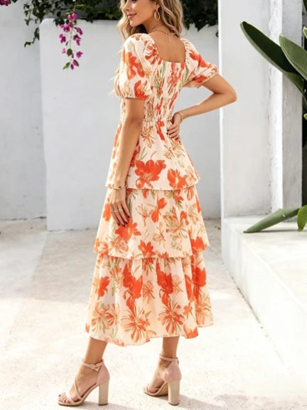 Gluschwein - 🔥Letzter Tag des Schlussverkaufs – 50 % Rabatt🔥Damen-Maxikleid aus Chiffon mit Blumenmuster und Stufenschnitt – kurze Ärmel, quadratischer Ausschnitt