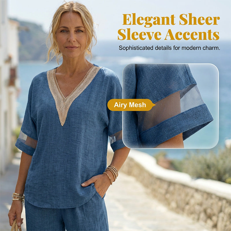 Gluschwein - 🌺Set aus elegantem Oberteil mit V-Ausschnitt und Hose mit weitem Bein