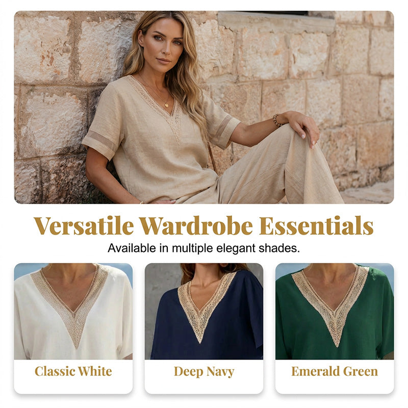 Gluschwein - 🌺Set aus elegantem Oberteil mit V-Ausschnitt und Hose mit weitem Bein