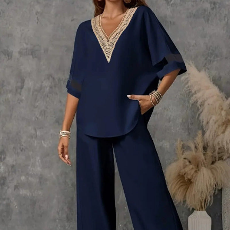 Gluschwein - 🌺Set aus elegantem Oberteil mit V-Ausschnitt und Hose mit weitem Bein