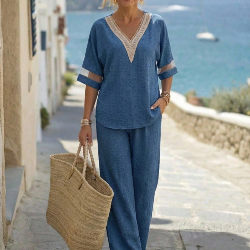Gluschwein - 🌺Set aus elegantem Oberteil mit V-Ausschnitt und Hose mit weitem Bein