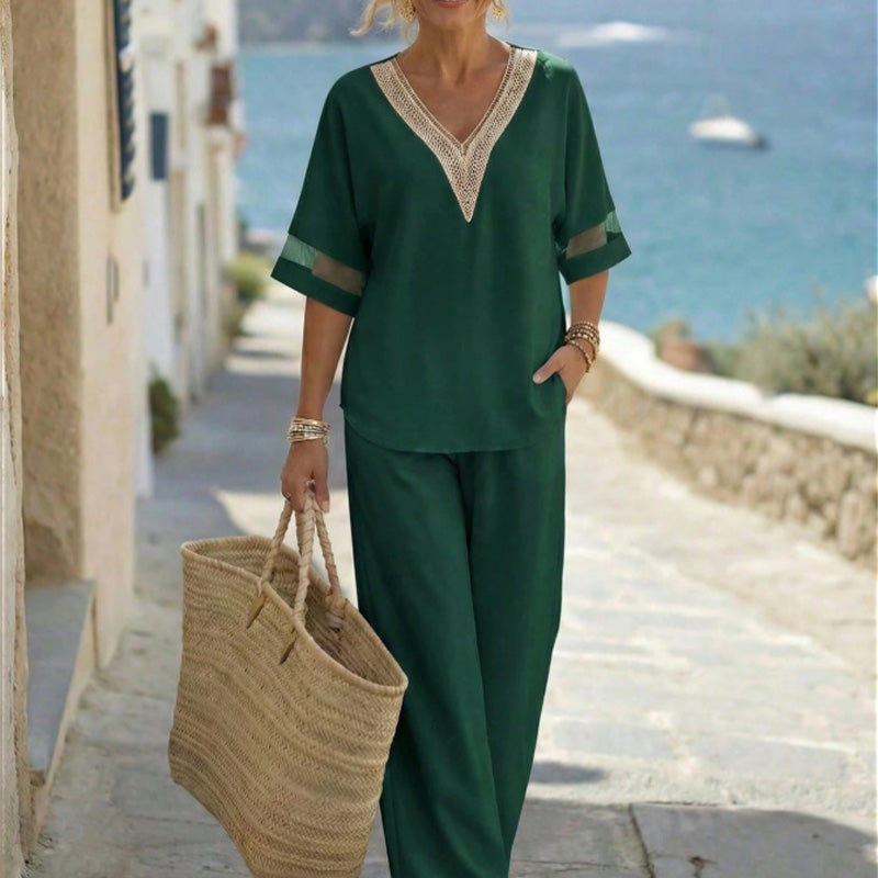 Gluschwein - 🌺Set aus elegantem Oberteil mit V-Ausschnitt und Hose mit weitem Bein