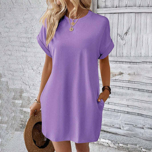 Gluschwein - Solid Color Crew Neck Loose Tunic Dress