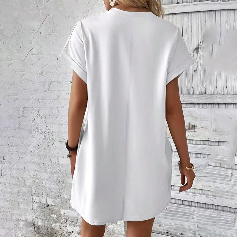 Gluschwein - Solid Color Crew Neck Loose Tunic Dress