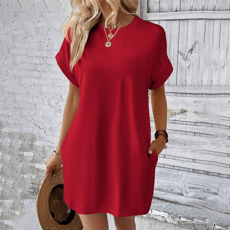 Gluschwein - Solid Color Crew Neck Loose Tunic Dress
