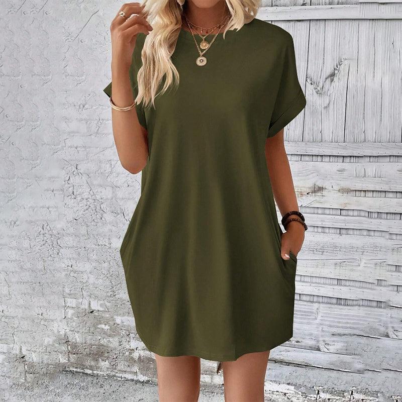 Gluschwein - Solid Color Crew Neck Loose Tunic Dress