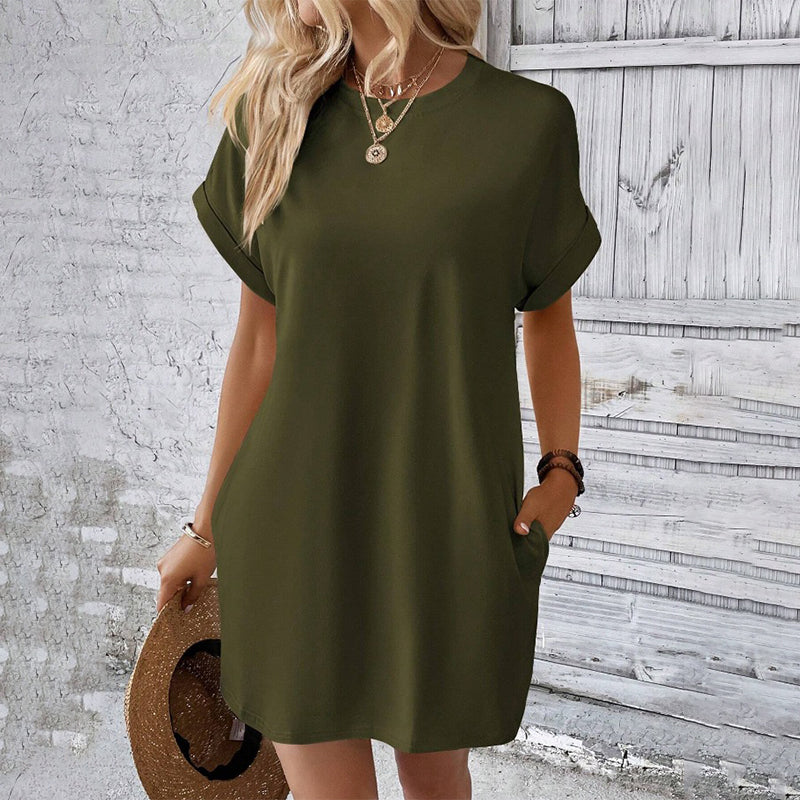 Gluschwein - Solid Color Crew Neck Loose Tunic Dress