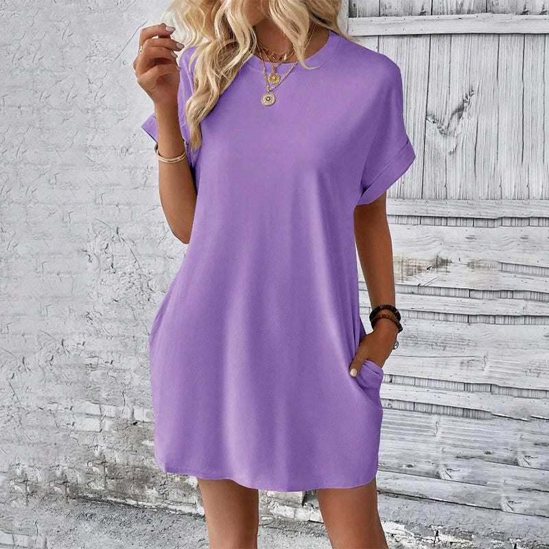 Gluschwein - Solid Color Crew Neck Loose Tunic Dress