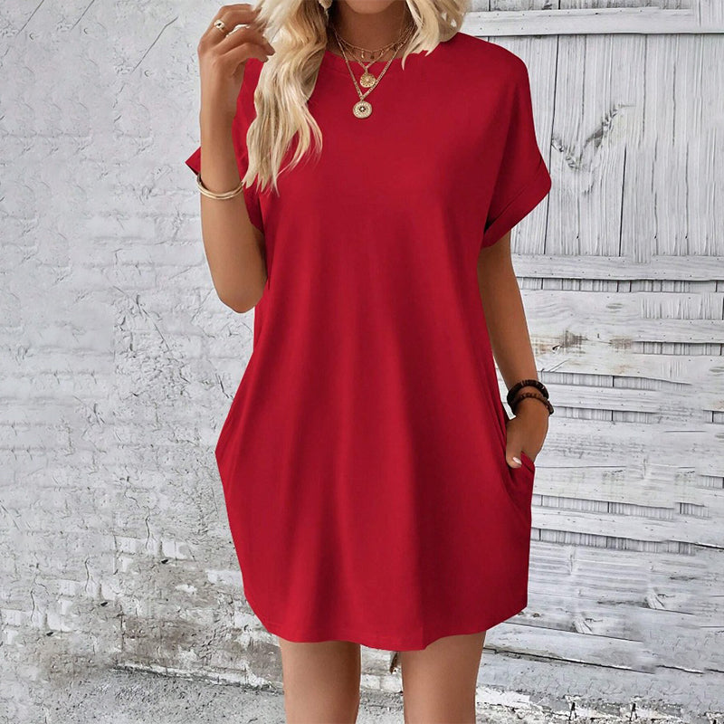 Gluschwein - Solid Color Crew Neck Loose Tunic Dress