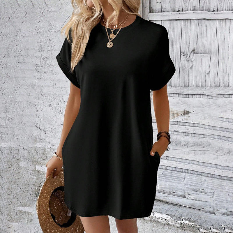 Gluschwein - Solid Color Crew Neck Loose Tunic Dress