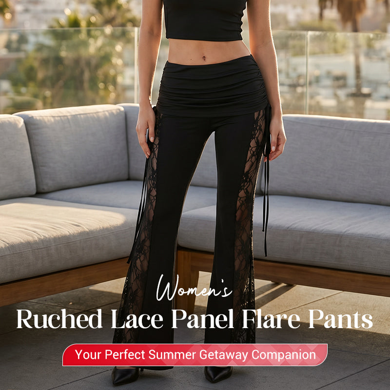 🌺50% RABATT!❤️Damen Ausgestellte Hose Mit Raffungen Und Spitzeneinsätzen Hohe Taille Freizeithose
