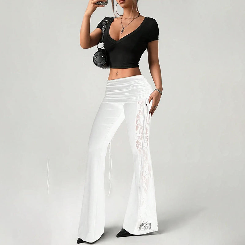 🌺50% RABATT!❤️Damen Ausgestellte Hose Mit Raffungen Und Spitzeneinsätzen Hohe Taille Freizeithose