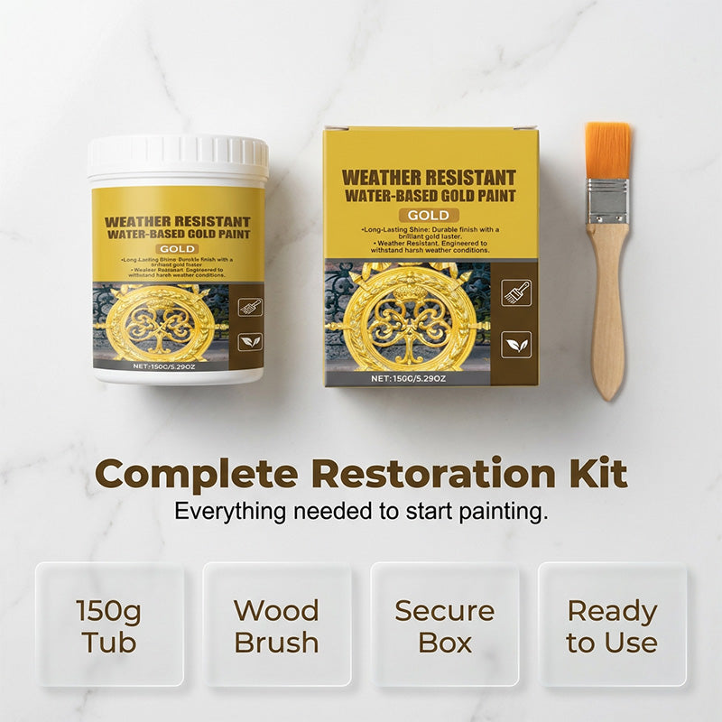 🎨🏡Goldblatt-Effekt-Farbset – Wasserbasierte, witterungsbeständige Metallic-Goldfarbe mit Pinsel, ideal für Möbel, Dekoration und DIY-Projekte im Außenbereich