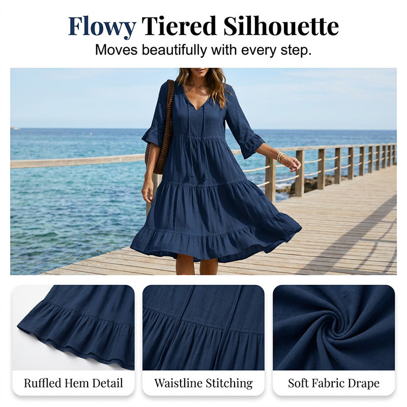 Damen-Midikleid mit V-Ausschnitt, Quasten und Stufenrock
