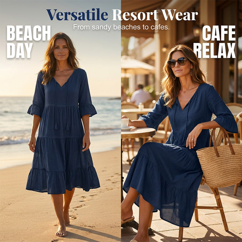 Damen-Midikleid mit V-Ausschnitt, Quasten und Stufenrock