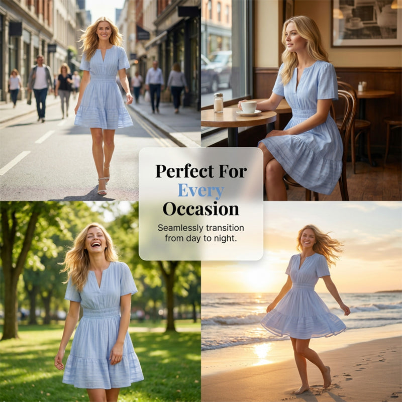 👗 NUR FÜR BEGRENZTE ZEIT: 51 % RABATT! ✨ Kurzärmeliges, gestuftes Minikleid für Damen – luftig, verspielt, perfekt für den Sommer 🌞