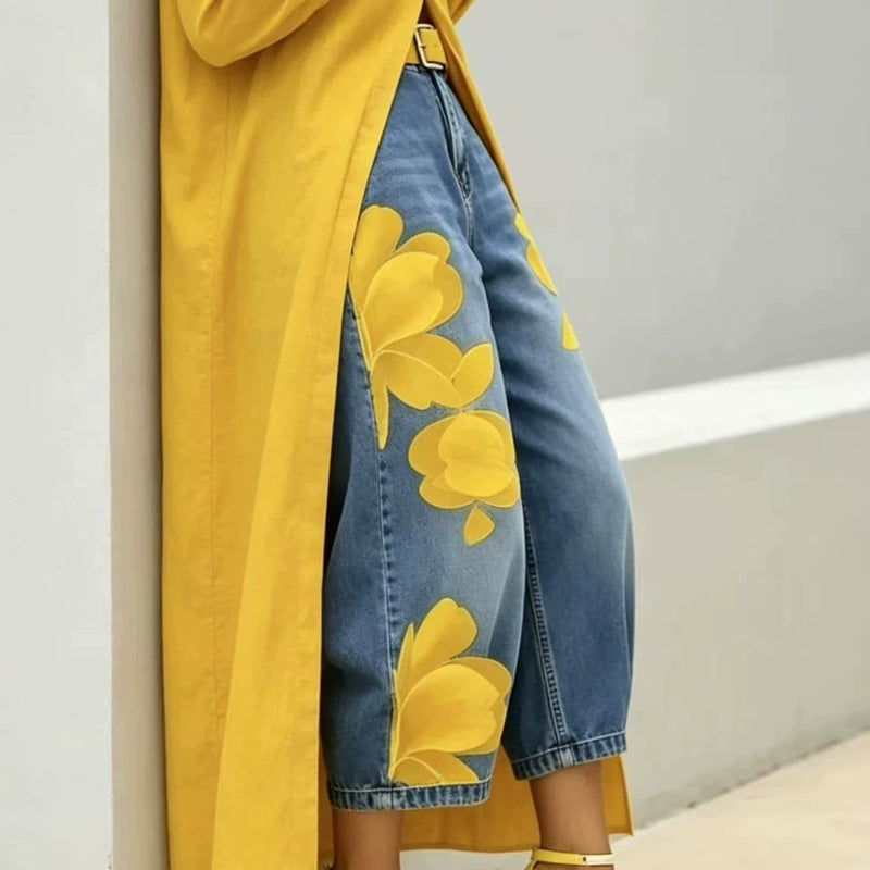👖🤍Damen Weite Jeans mit Künstlerischer Blumenapplikation