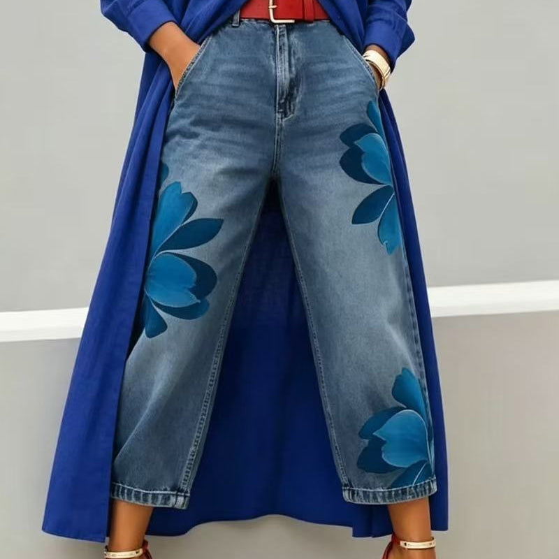 👖🤍Damen Weite Jeans mit Künstlerischer Blumenapplikation