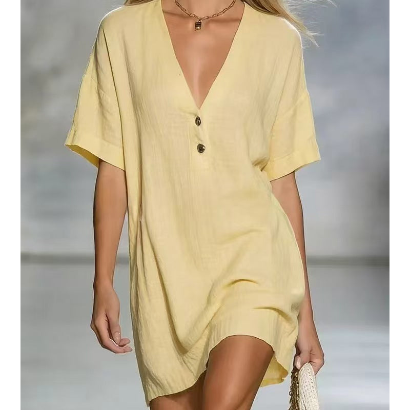 Women's V-Neck Short Sleeve Linen Tunic Dress