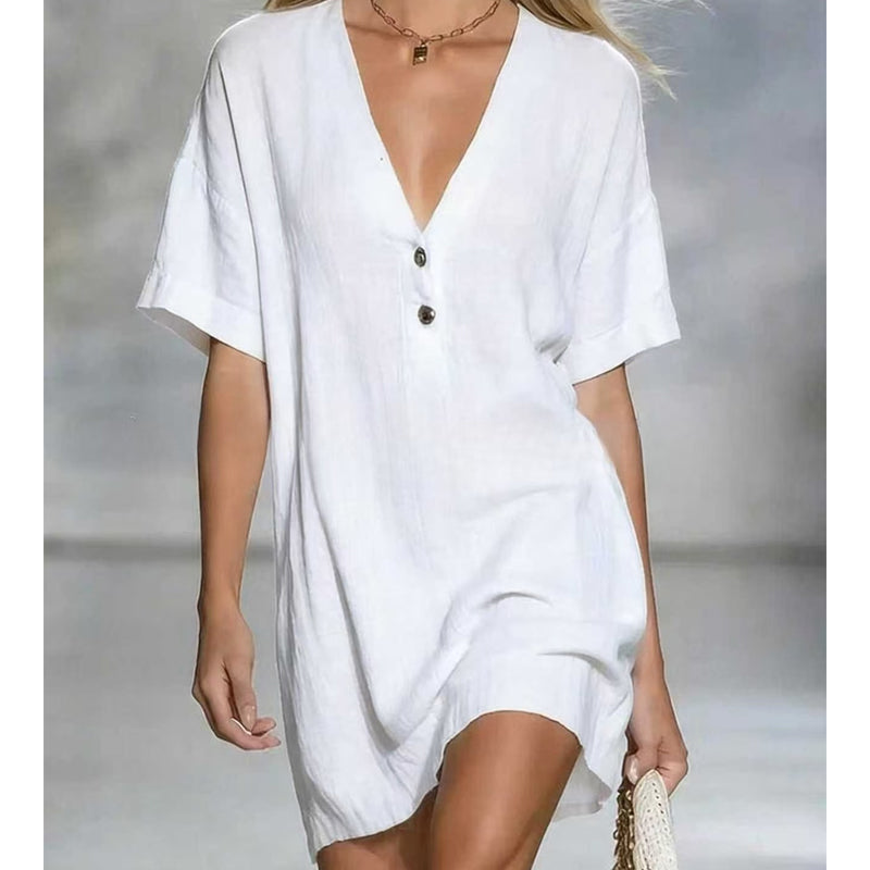 Women's V-Neck Short Sleeve Linen Tunic Dress