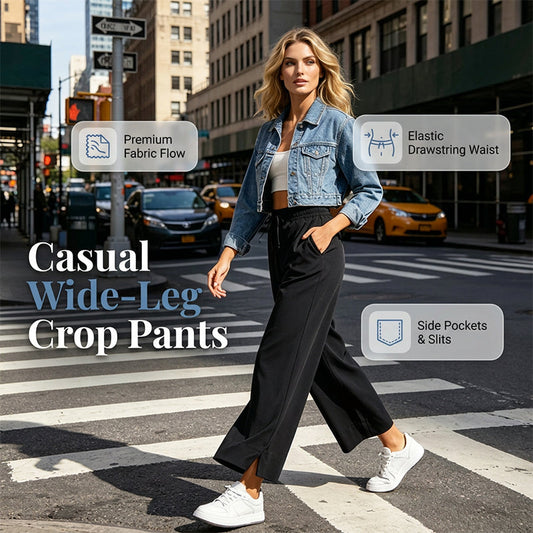 Gluschwein - Women's Casual Wide-Leg Crop Pants with Pockets