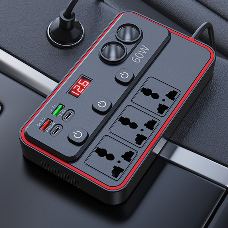 Multifunktionales Autoladegerät mit Steckdosen und USB-Anschluss