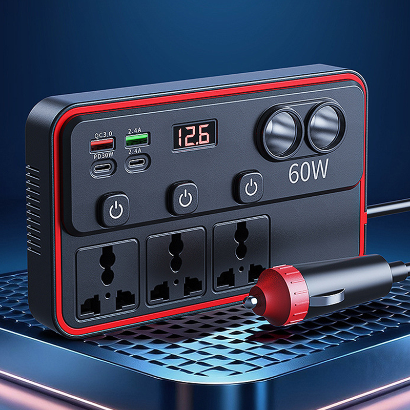 Multifunktionales Autoladegerät mit Steckdosen und USB-Anschluss