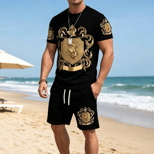 Gluschwein - 👕 JETZT 50 % RABATT! 👑 Herren-T-Shirt- und Shorts-Set mit Goldwappen-Print – Stylisch, atmungsaktiv und perfekt für lässige Sommertage oder sportliche Looks 🩳