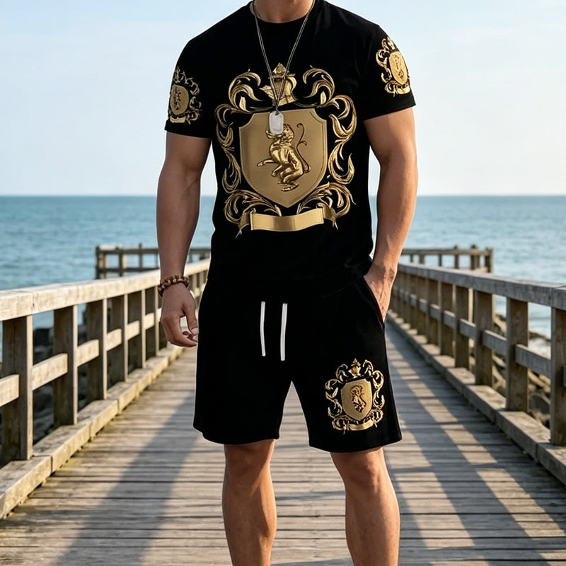 👕 JETZT 50 % RABATT! 👑 Herren-T-Shirt- und Shorts-Set mit Goldwappen-Print – Stylisch, atmungsaktiv und perfekt für lässige Sommertage oder sportliche Looks 🩳