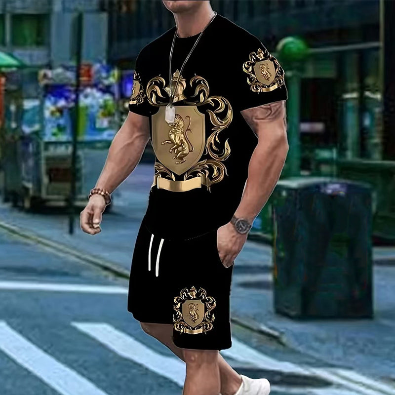 👕 JETZT 50 % RABATT! 👑 Herren-T-Shirt- und Shorts-Set mit Goldwappen-Print – Stylisch, atmungsaktiv und perfekt für lässige Sommertage oder sportliche Looks 🩳